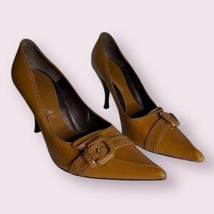 Sergio Rossi Caramel Brown Leather Pointed Toe Buckle Heels
